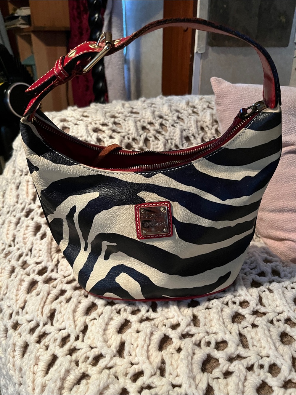 Dooney & Bourke Black and White Zebra-Print Shoulder Bag with Red Trim